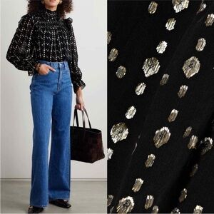 ULLA JOHNSON Mila Blouse Shirred Ruffle Metallic Silk Gold Chiffon Cosmos Size 2